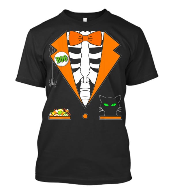 Easy Halloween Costume Orange Skeleton Tuxedo With Candy Bowl And Black Cat T-Shirt