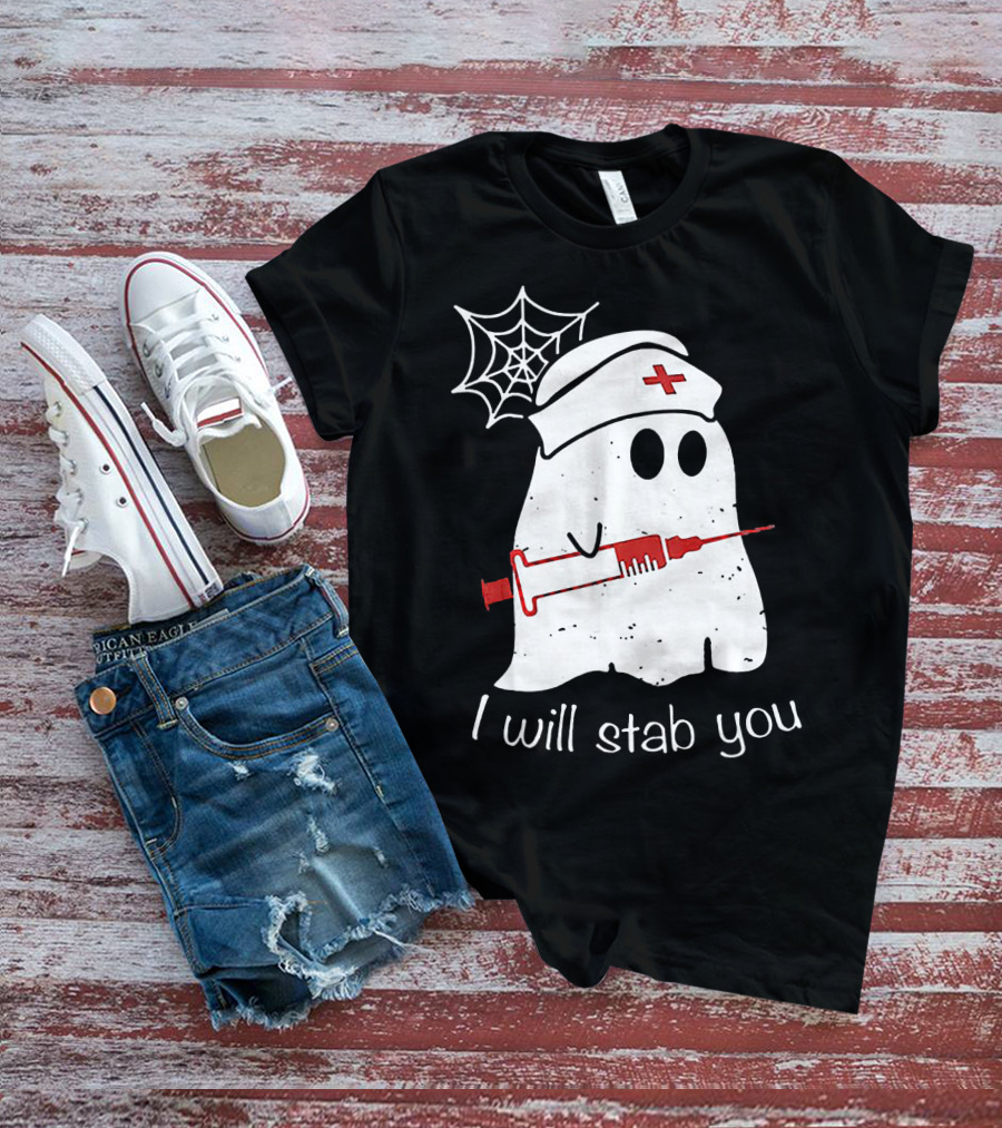 I Will Stab You Ghost Nurse Fun Halloween Syringe Spider Web T-Shirt