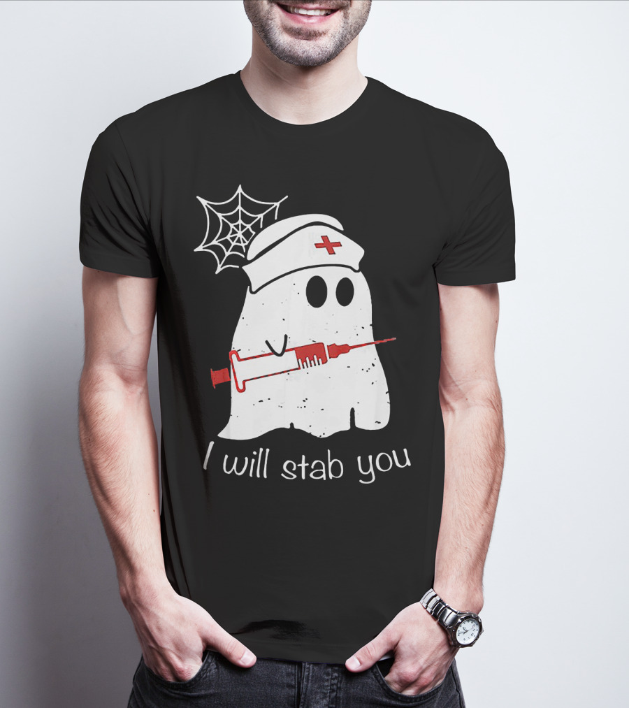 I Will Stab You Ghost Nurse Fun Halloween Syringe Spider Web T-Shirt