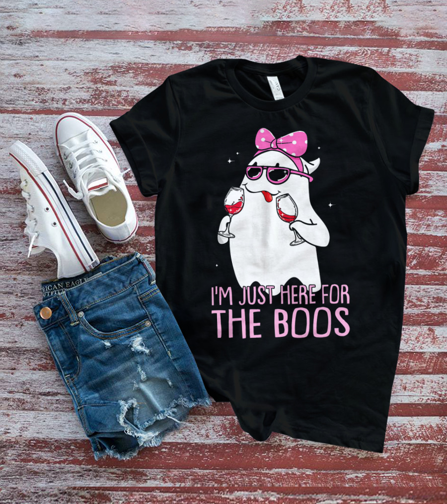 I'm Just Here For The Boos Wine Lover Ghost With Bow And Sunglasses T-Shirt