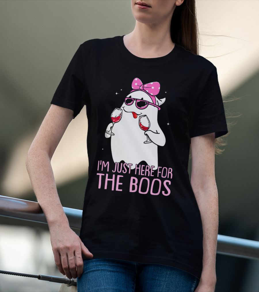 I'm Just Here For The Boos Wine Lover Ghost With Bow And Sunglasses T-Shirt