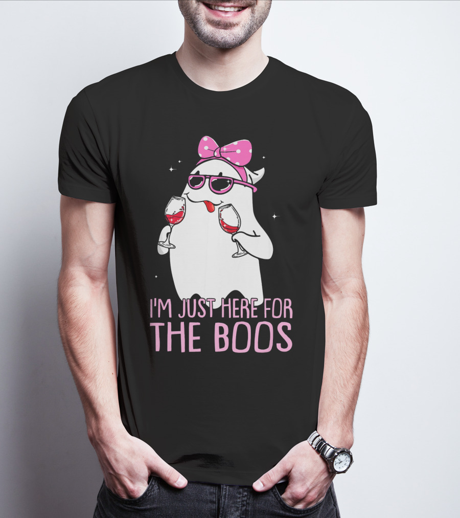 I'm Just Here For The Boos Wine Lover Ghost With Bow And Sunglasses T-Shirt