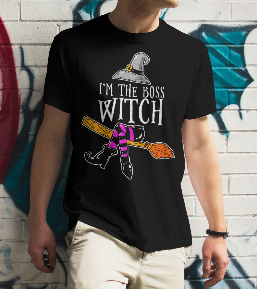 I'm The Boss Witch Funny Halloween Hat Broomstick Boots Striped Socks T-Shirt