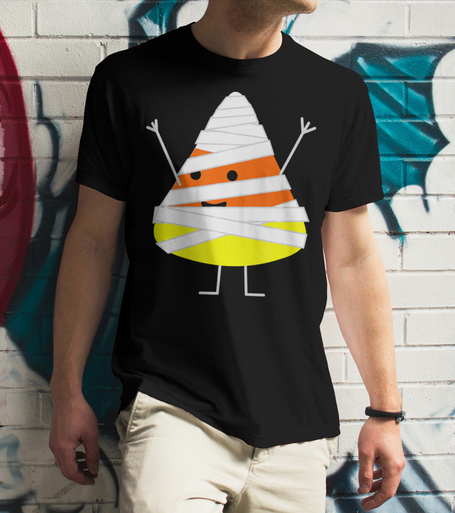 Mummy Wrapped Cartoon Candy Corn Halloween T-Shirt