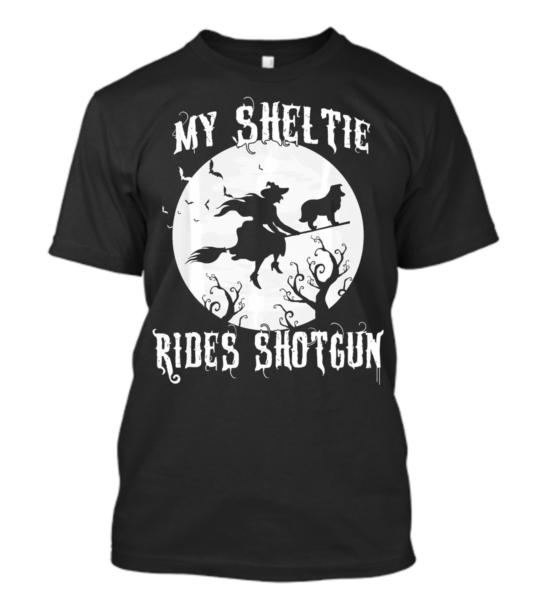 My Sheltie Rides Shotgun Halloween Witch Moon Scene T-Shirt