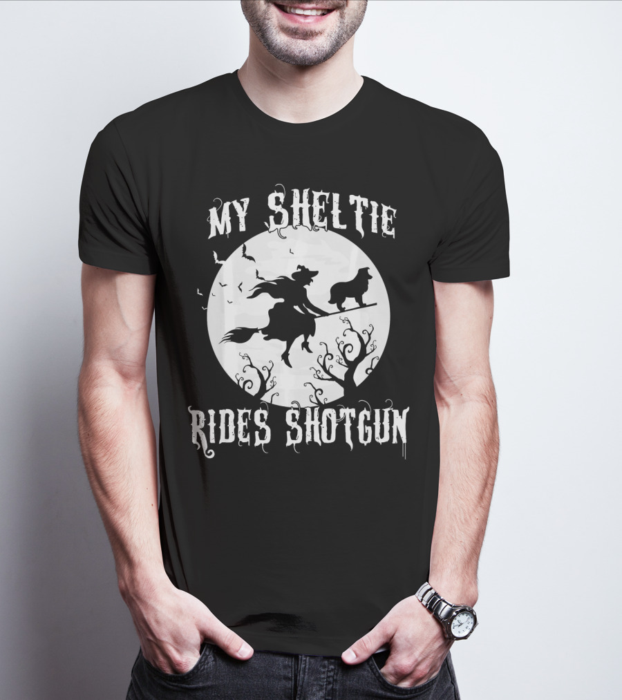 My Sheltie Rides Shotgun Halloween Witch Moon Scene T-Shirt