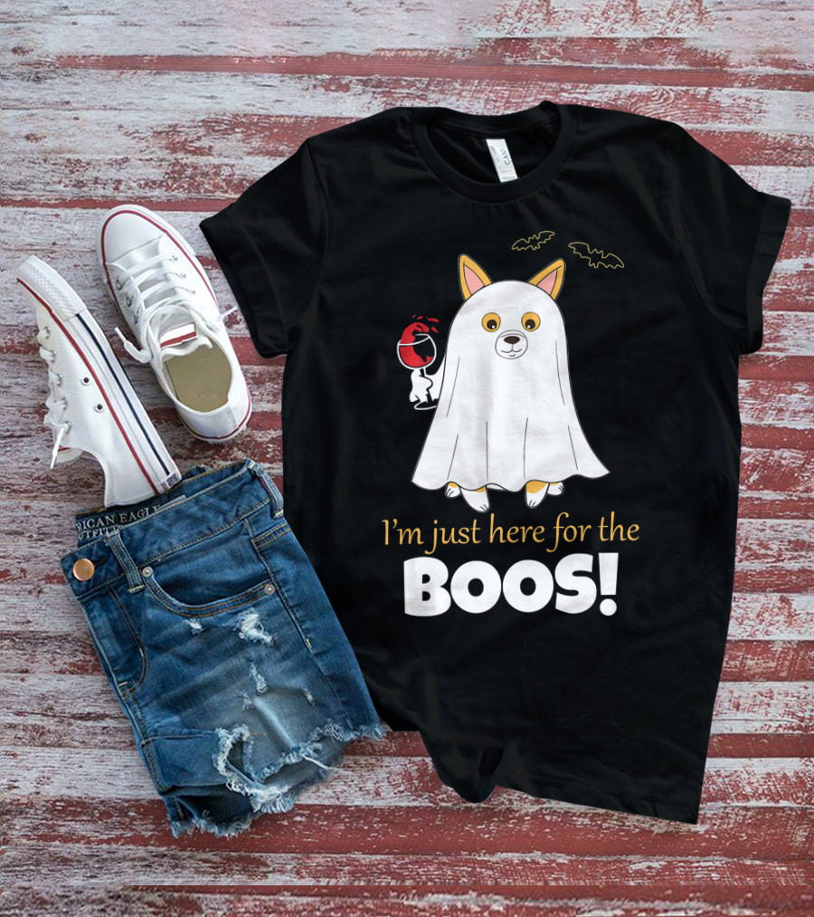 I'm Just Here For The Boos Corgi With Wine And Bat Decorations T-Shirt
