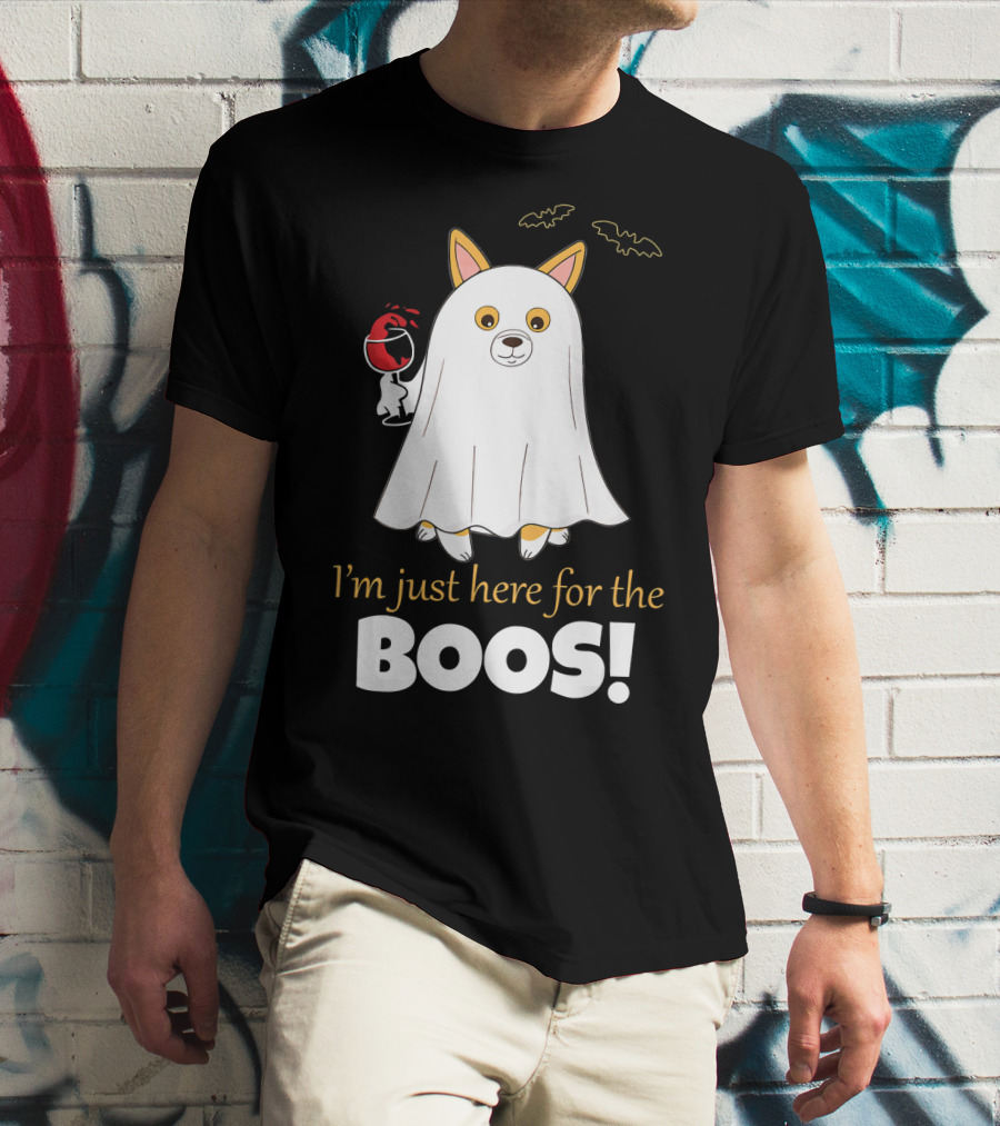 I'm Just Here For The Boos Corgi With Wine And Bat Decorations T-Shirt