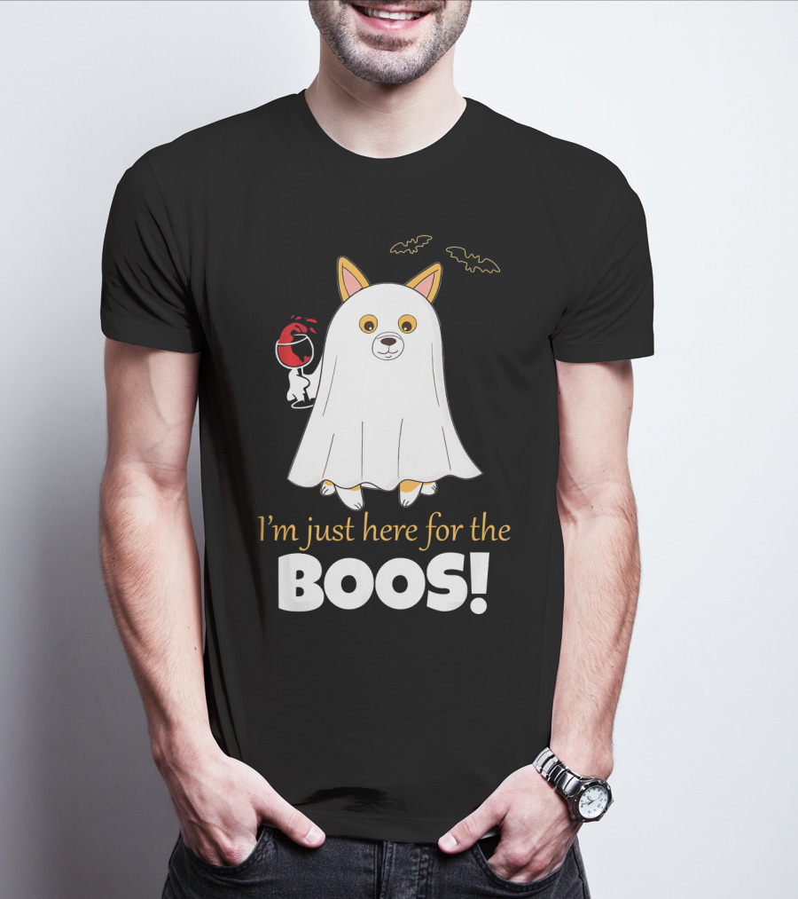 I'm Just Here For The Boos Corgi With Wine And Bat Decorations T-Shirt
