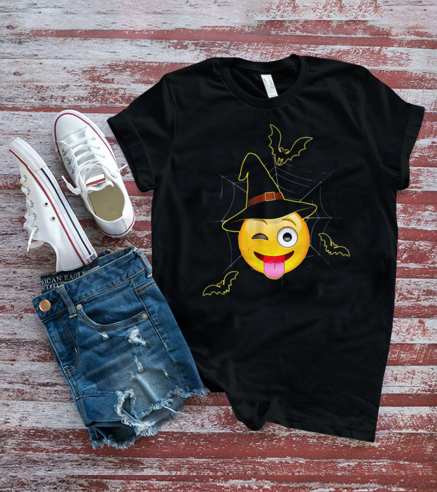Funny Halloween Witch Emoji Winking Face With Bats And Spider Web T-Shirt
