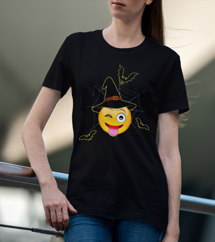 Funny Halloween Witch Emoji Winking Face With Bats And Spider Web T-Shirt