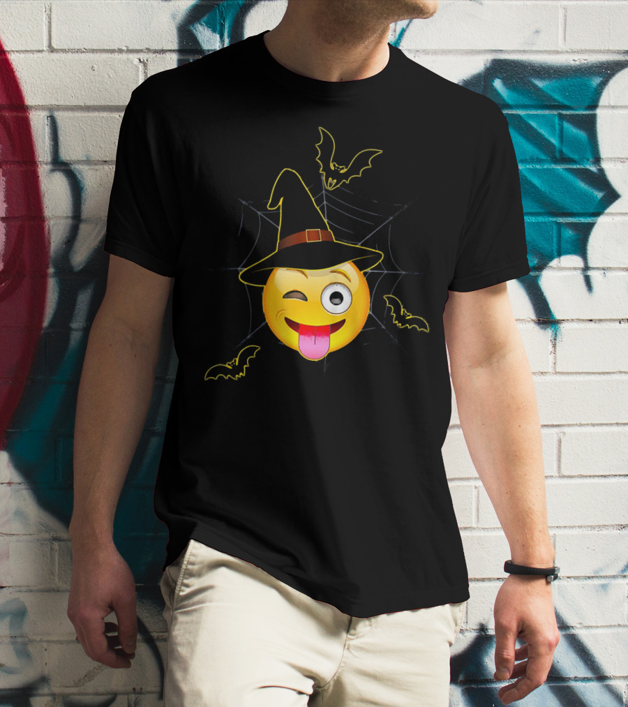 Funny Halloween Witch Emoji Winking Face With Bats And Spider Web T-Shirt