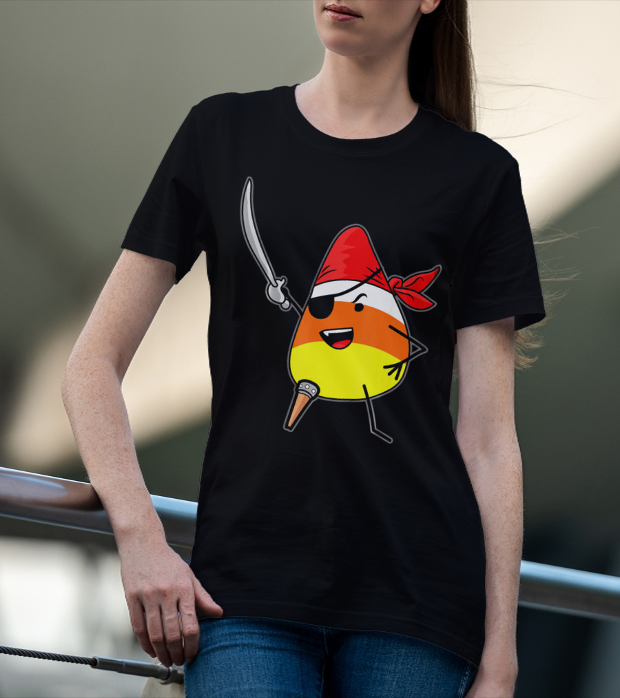 Candy Corn Pirate With Jolly Roger Sword Halloween T-Shirt