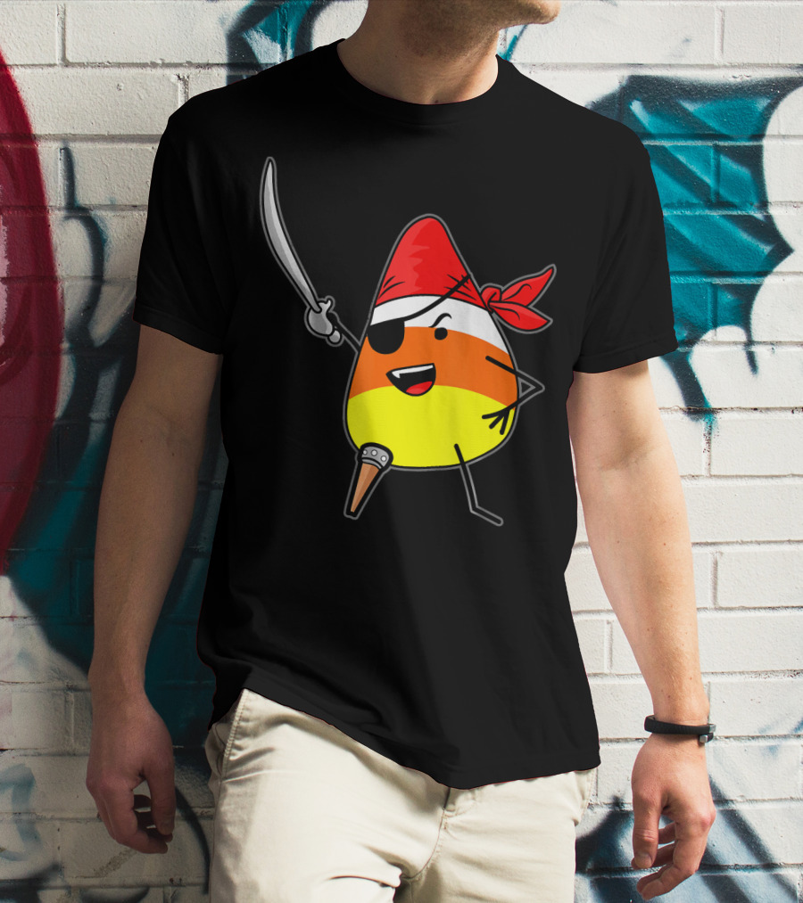 Candy Corn Pirate With Jolly Roger Sword Halloween T-Shirt