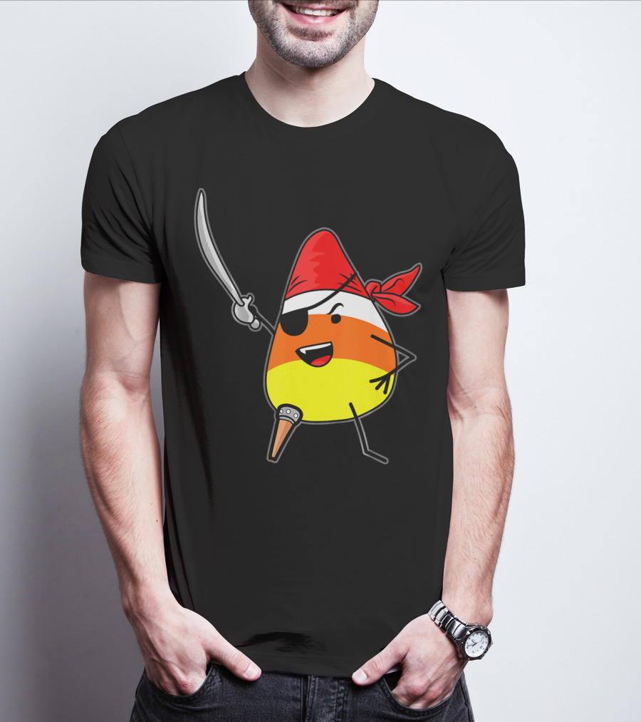 Candy Corn Pirate With Jolly Roger Sword Halloween T-Shirt