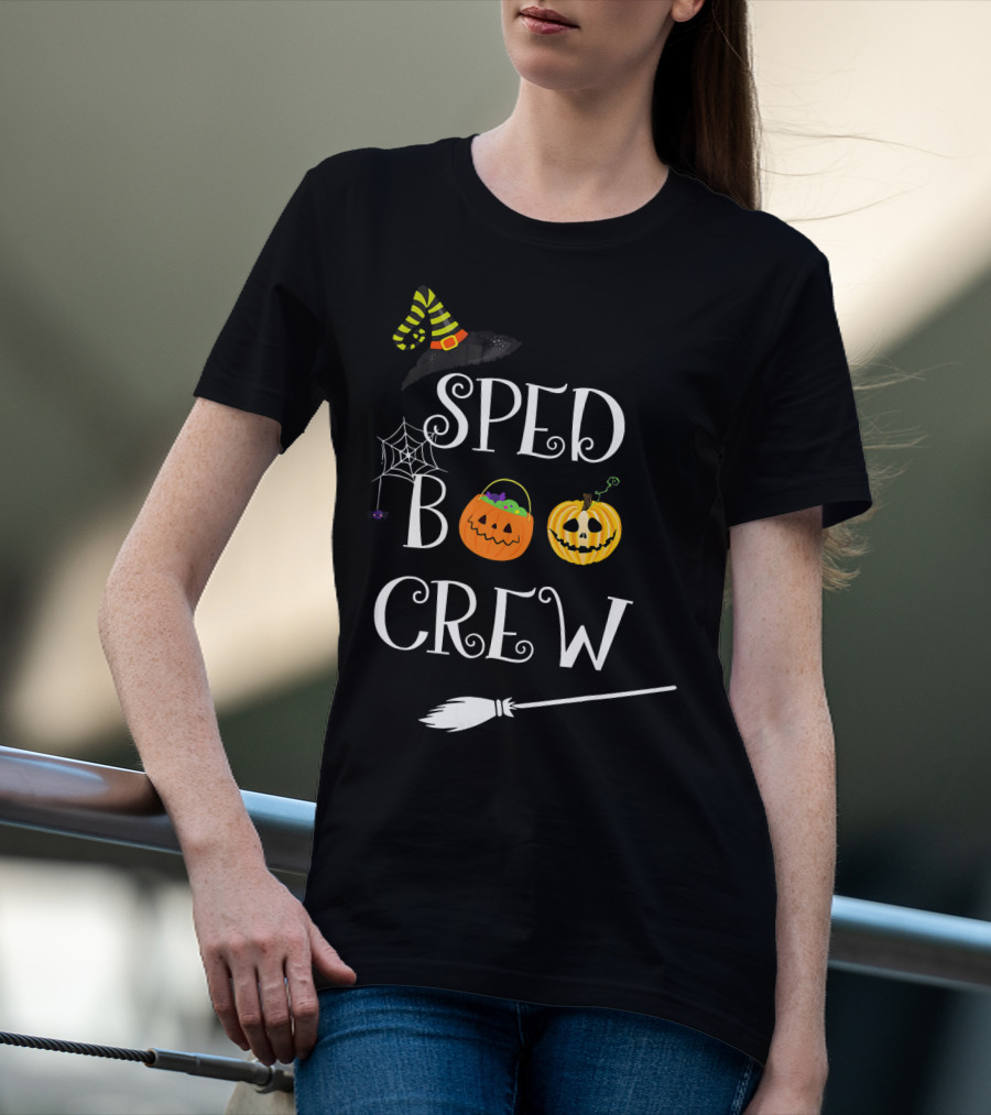 SPED BOO CREW Special Education Teacher Halloween Witch Hat Pumpkin Broom Decor T-Shirt