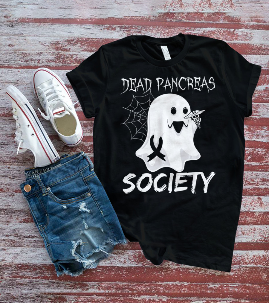 Dead Pancreas Society Ghost With Ribbon And Caduceus Diabetes Awareness T-Shirt