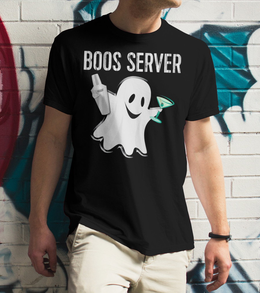 Boos Server Ghost Holding Cocktail Shaker And Martini T-Shirt