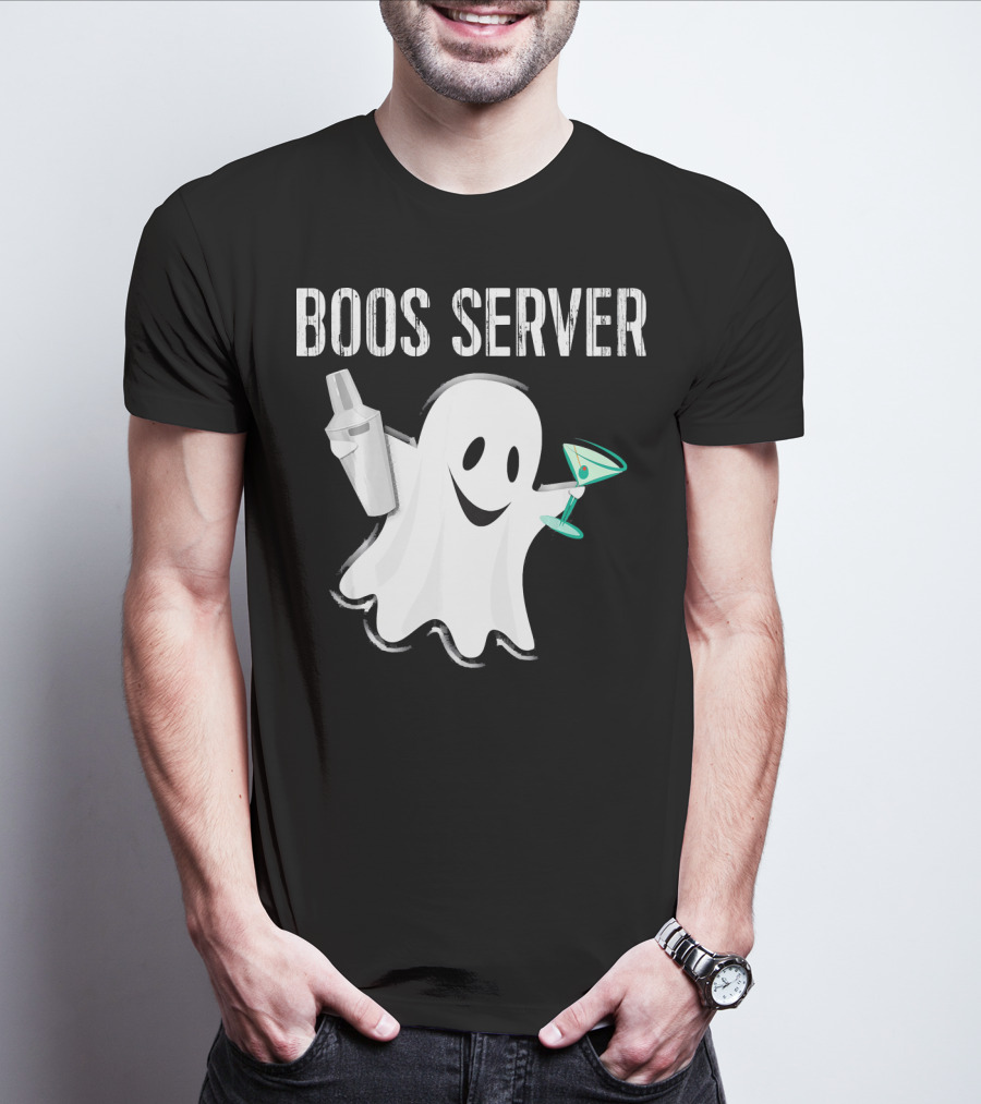 Boos Server Ghost Holding Cocktail Shaker And Martini T-Shirt