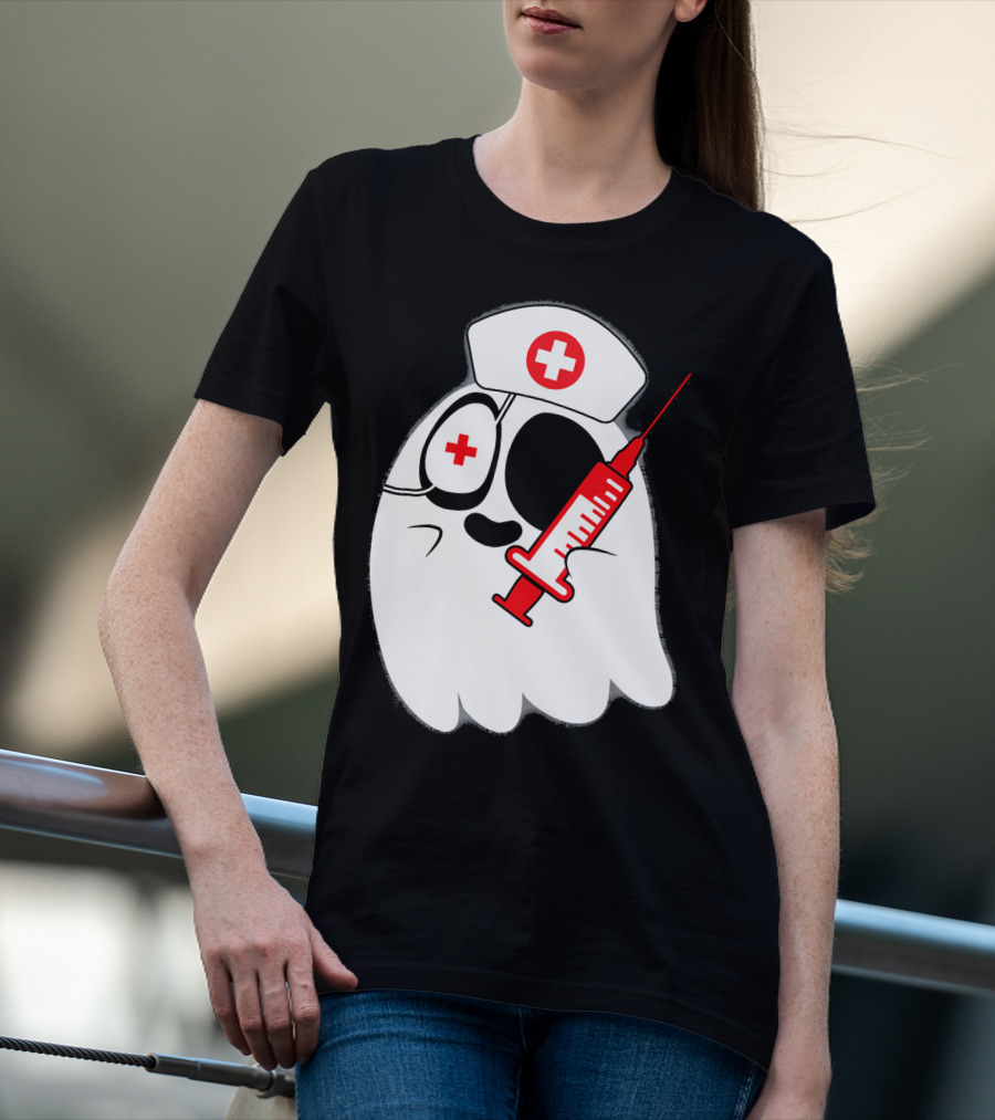 Funny Ghost Nurse Emoji With Syringe Nurse Hat T-Shirt