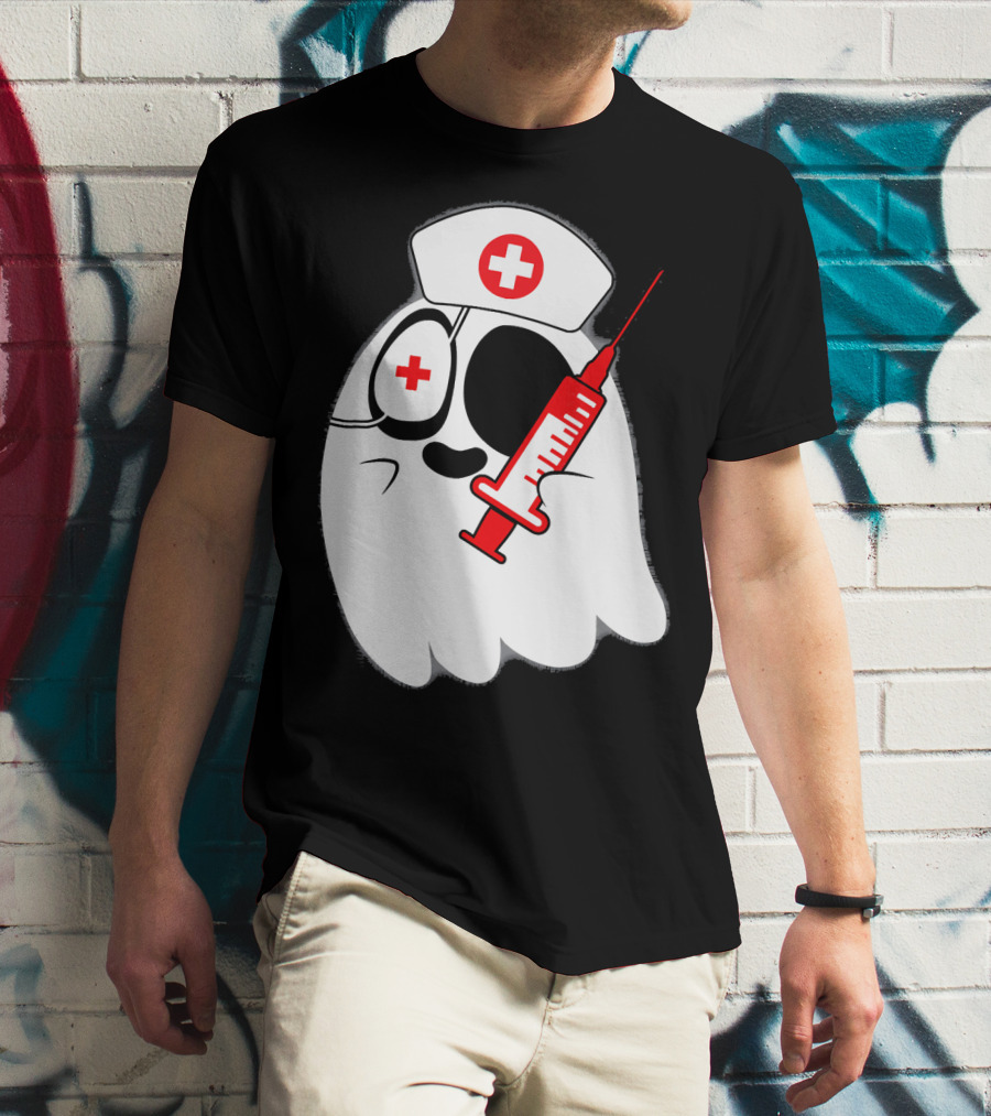 Funny Ghost Nurse Emoji With Syringe Nurse Hat T-Shirt