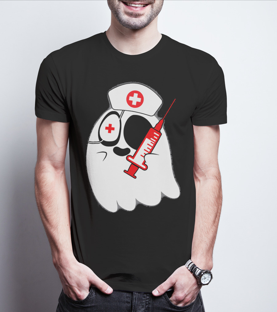 Funny Ghost Nurse Emoji With Syringe Nurse Hat T-Shirt