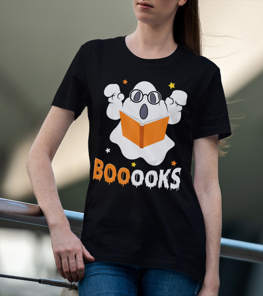 Booooks Ghost With Glasses Holding Orange Book And Stars T-Shirt