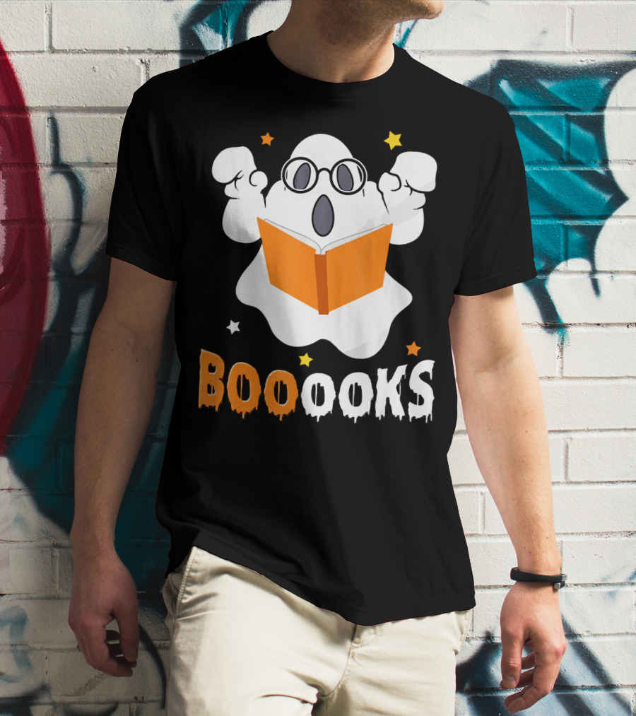 Booooks Ghost With Glasses Holding Orange Book And Stars T-Shirt
