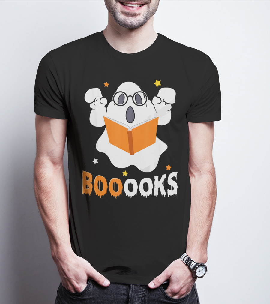 Booooks Ghost With Glasses Holding Orange Book And Stars T-Shirt