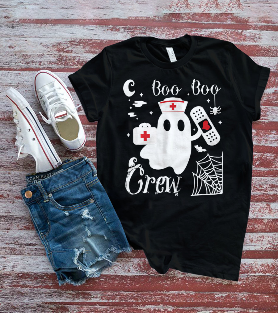 Boo Boo Crew Ghost Nurse With Bandage And Spider Web And Medical Symbols T-Shirt
