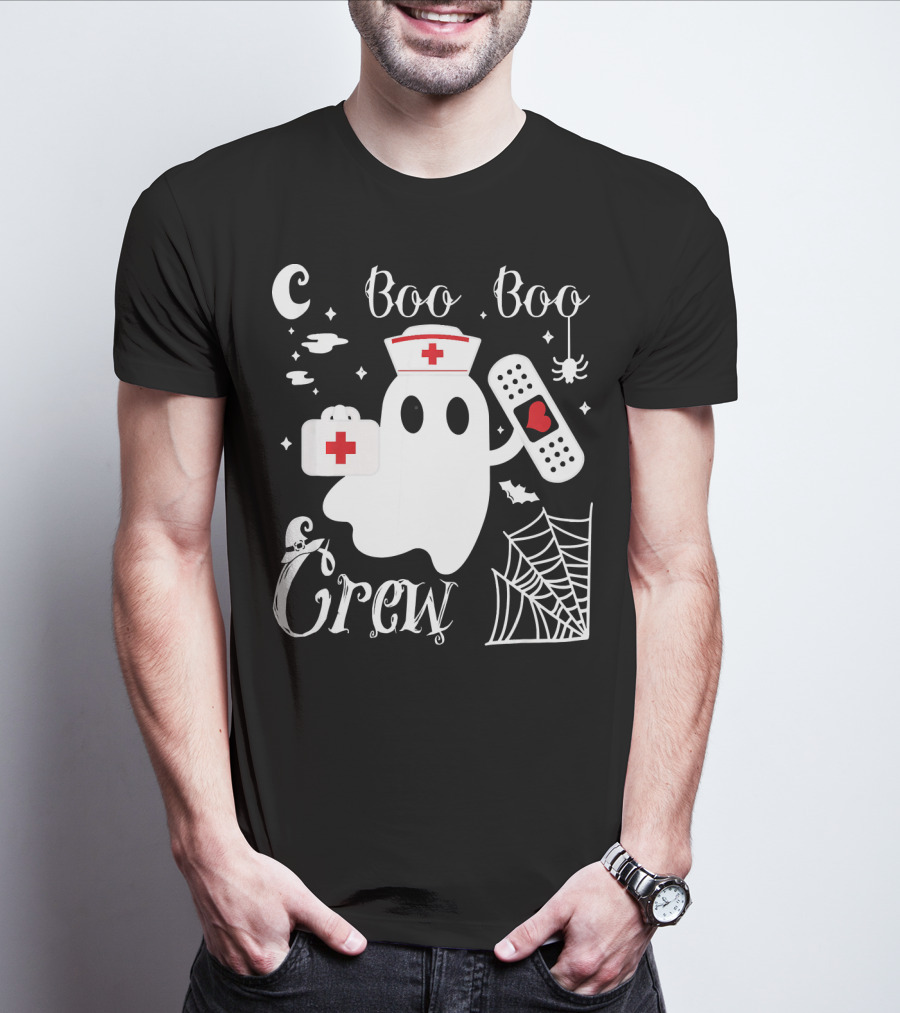 Boo Boo Crew Ghost Nurse With Bandage And Spider Web And Medical Symbols T-Shirt
