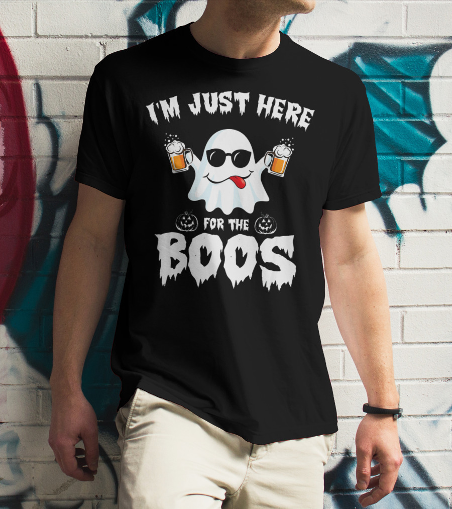 I'm Just Here For The Boos Ghost With Sunglasses And Beer Mugs T-Shirt