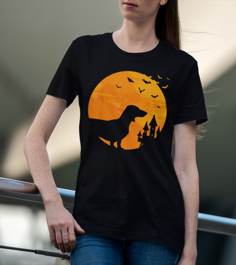 Dachshund Halloween Silhouette With Bats And Haunted Castle T-Shirt