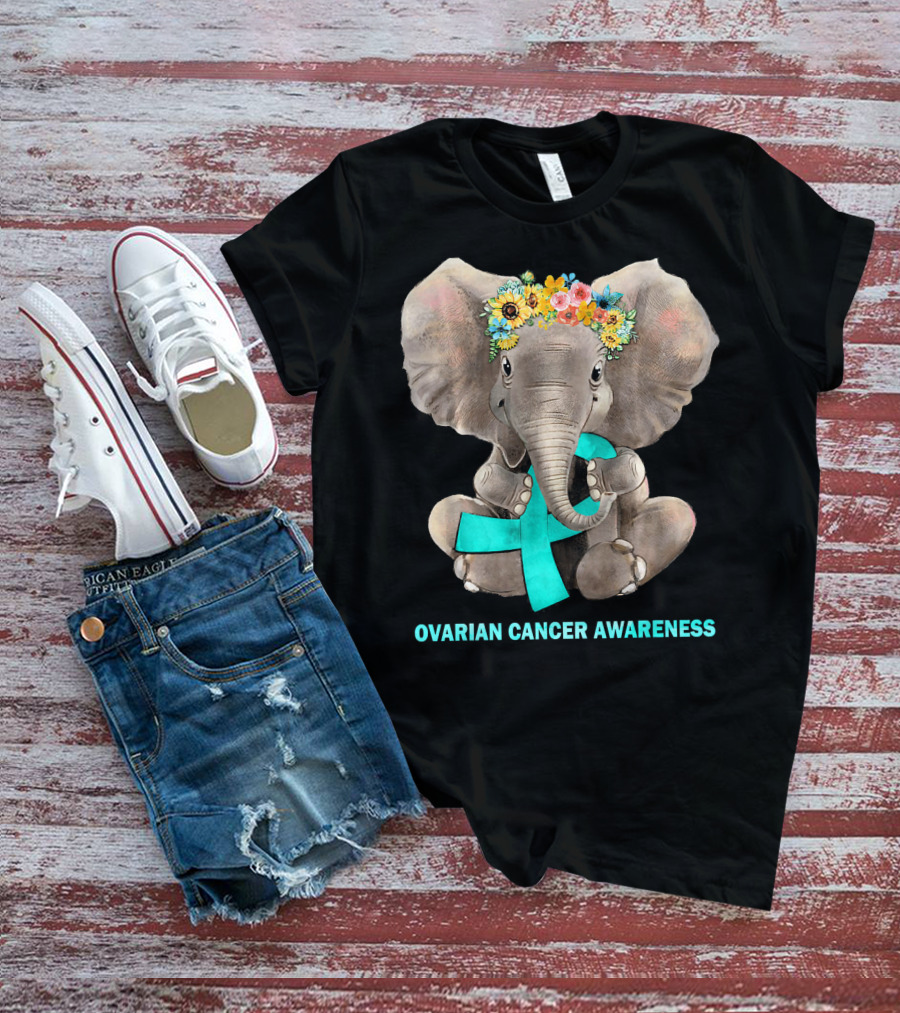 Hippie Elephant Holding Teal Ribbon Ovarian Cancer Awareness T-Shirt