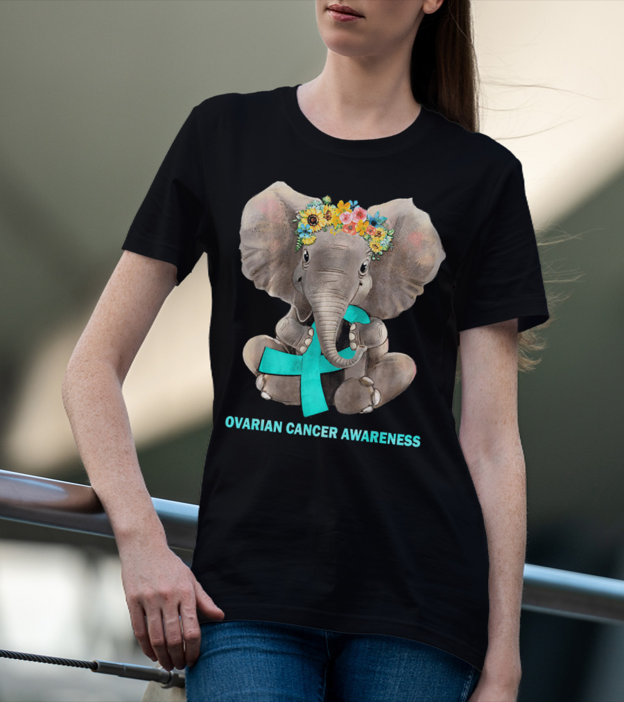 Hippie Elephant Holding Teal Ribbon Ovarian Cancer Awareness T-Shirt