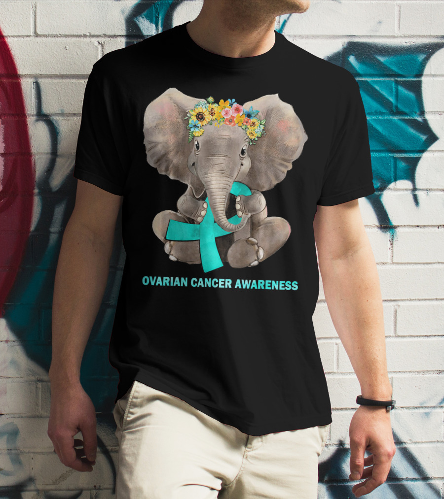 Hippie Elephant Holding Teal Ribbon Ovarian Cancer Awareness T-Shirt
