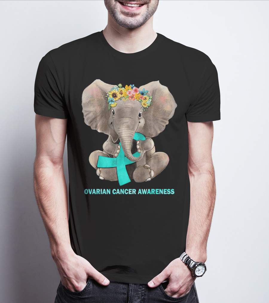 Hippie Elephant Holding Teal Ribbon Ovarian Cancer Awareness T-Shirt
