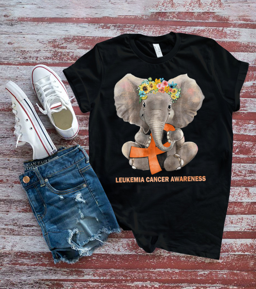 Hippie Elephant With Flower Crown Holding Orange Ribbon Leukemia Cancer Awareness T-Shirt