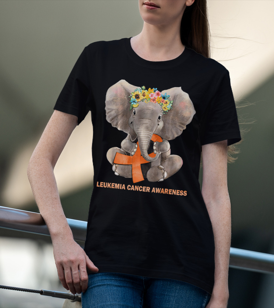 Hippie Elephant With Flower Crown Holding Orange Ribbon Leukemia Cancer Awareness T-Shirt