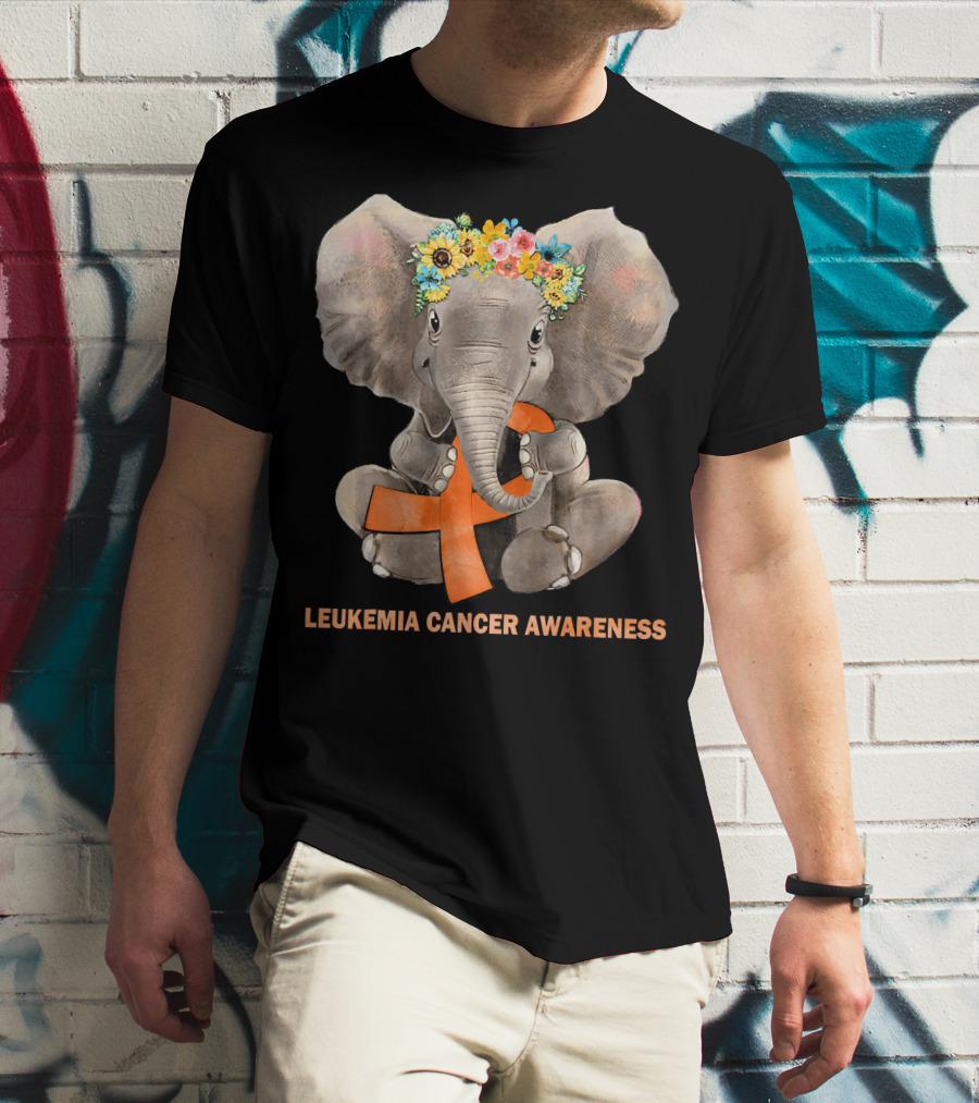 Hippie Elephant With Flower Crown Holding Orange Ribbon Leukemia Cancer Awareness T-Shirt