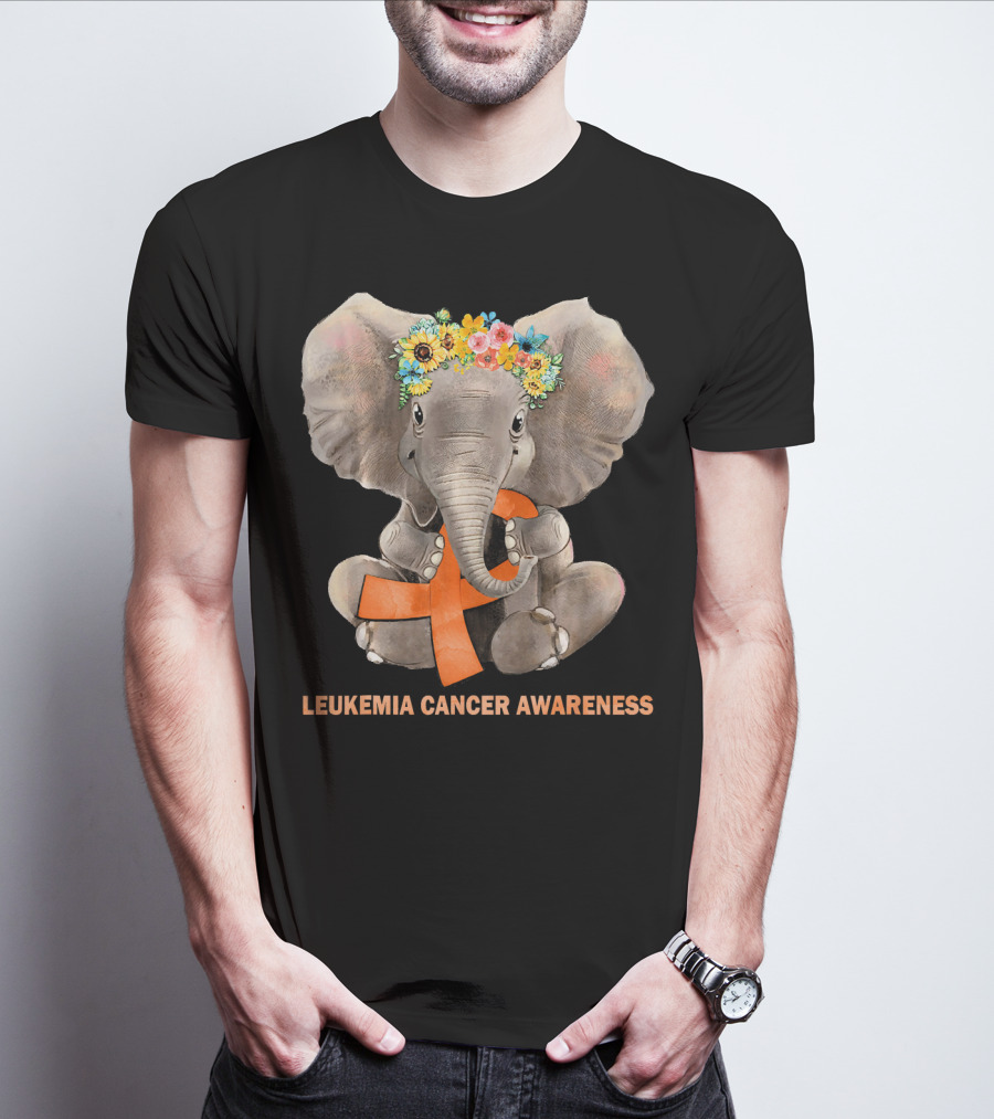 Hippie Elephant With Flower Crown Holding Orange Ribbon Leukemia Cancer Awareness T-Shirt