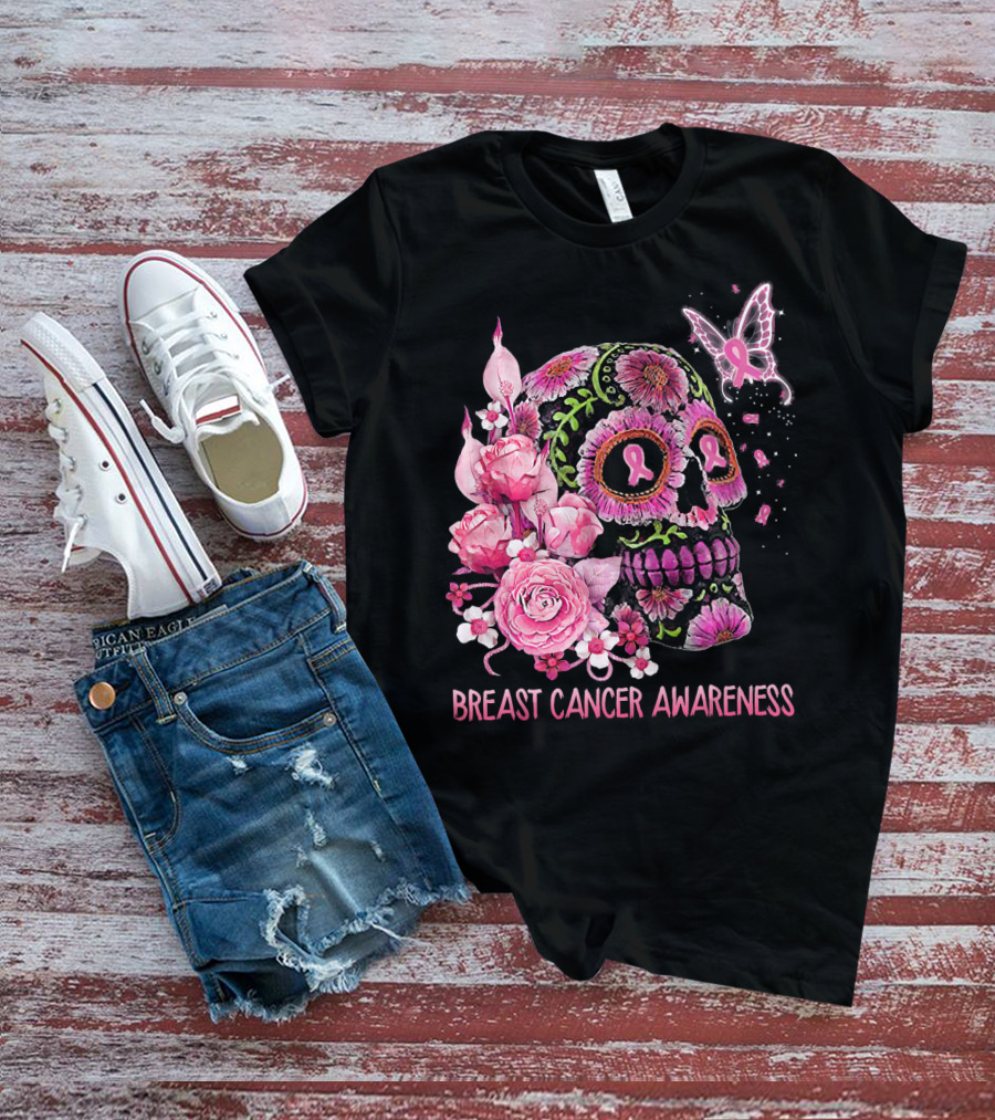 Skull Flower Breast Cancer Awareness Pink Ribbon Butterfly Roses T-Shirt
