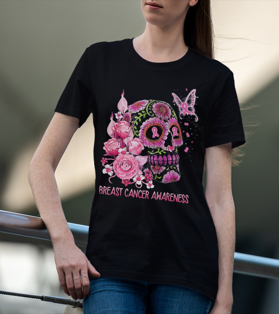 Skull Flower Breast Cancer Awareness Pink Ribbon Butterfly Roses T-Shirt