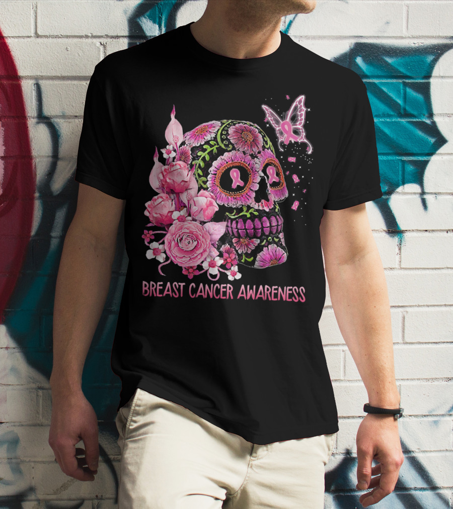 Skull Flower Breast Cancer Awareness Pink Ribbon Butterfly Roses T-Shirt