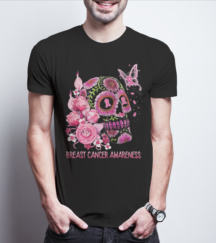 Skull Flower Breast Cancer Awareness Pink Ribbon Butterfly Roses T-Shirt