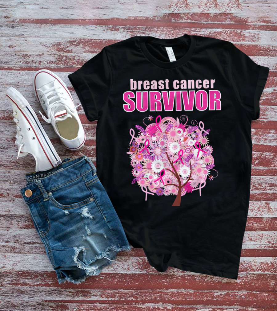 Breast Cancer Survivor Floral Pink Ribbon Tree T-Shirt