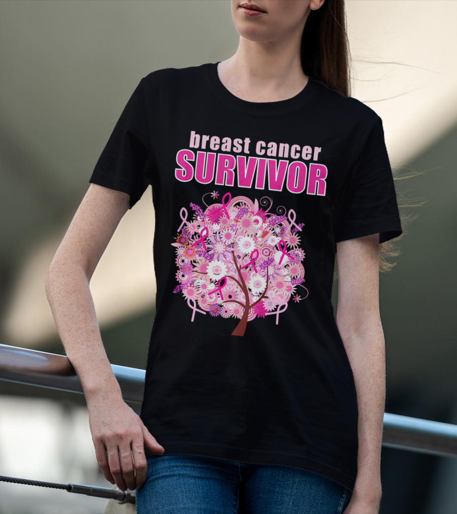 Breast Cancer Survivor Floral Pink Ribbon Tree T-Shirt