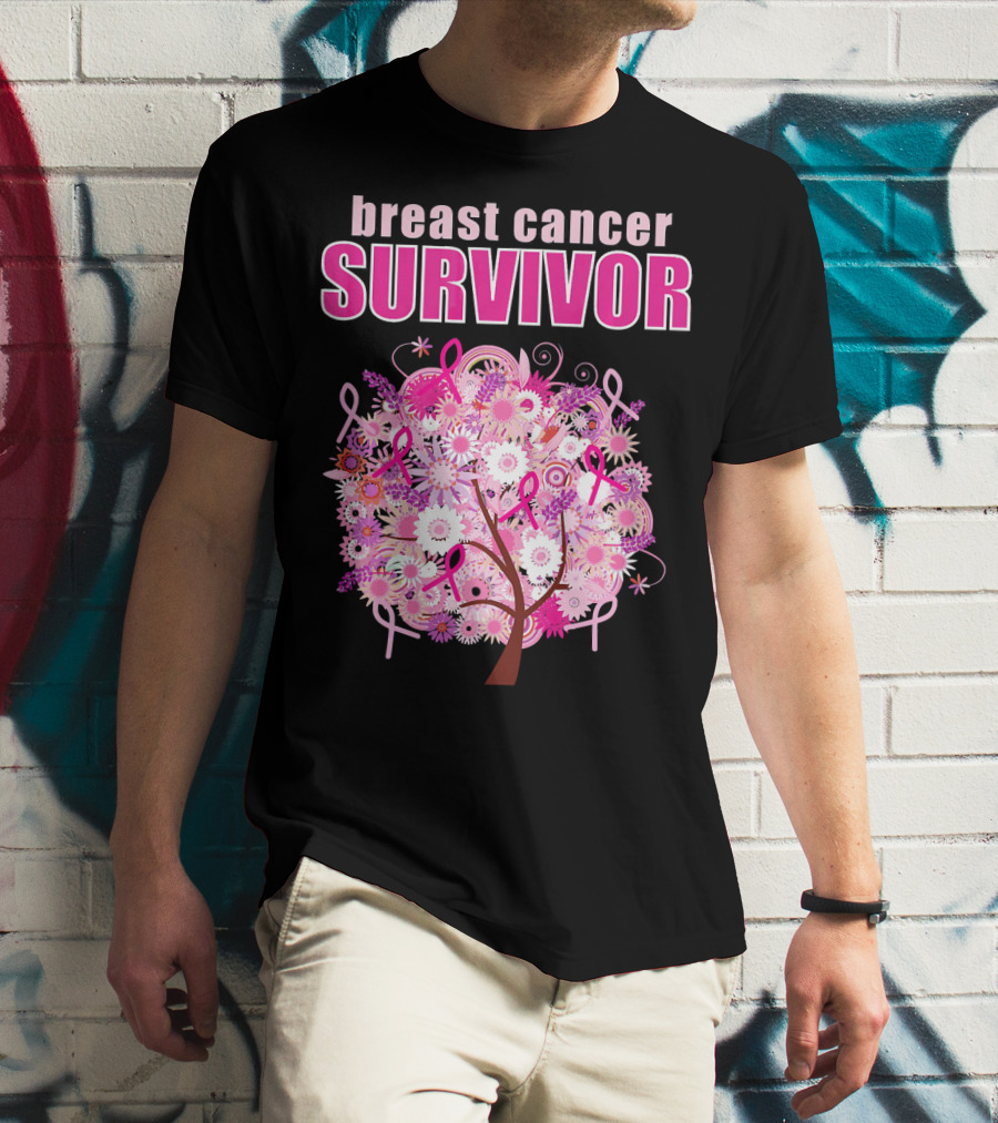 Breast Cancer Survivor Floral Pink Ribbon Tree T-Shirt