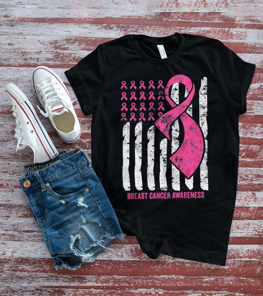 Breast Cancer Awareness Distress Pink Ribbon American Flag T-Shirt