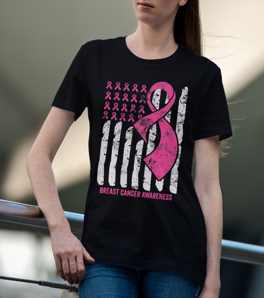 Breast Cancer Awareness Distress Pink Ribbon American Flag T-Shirt
